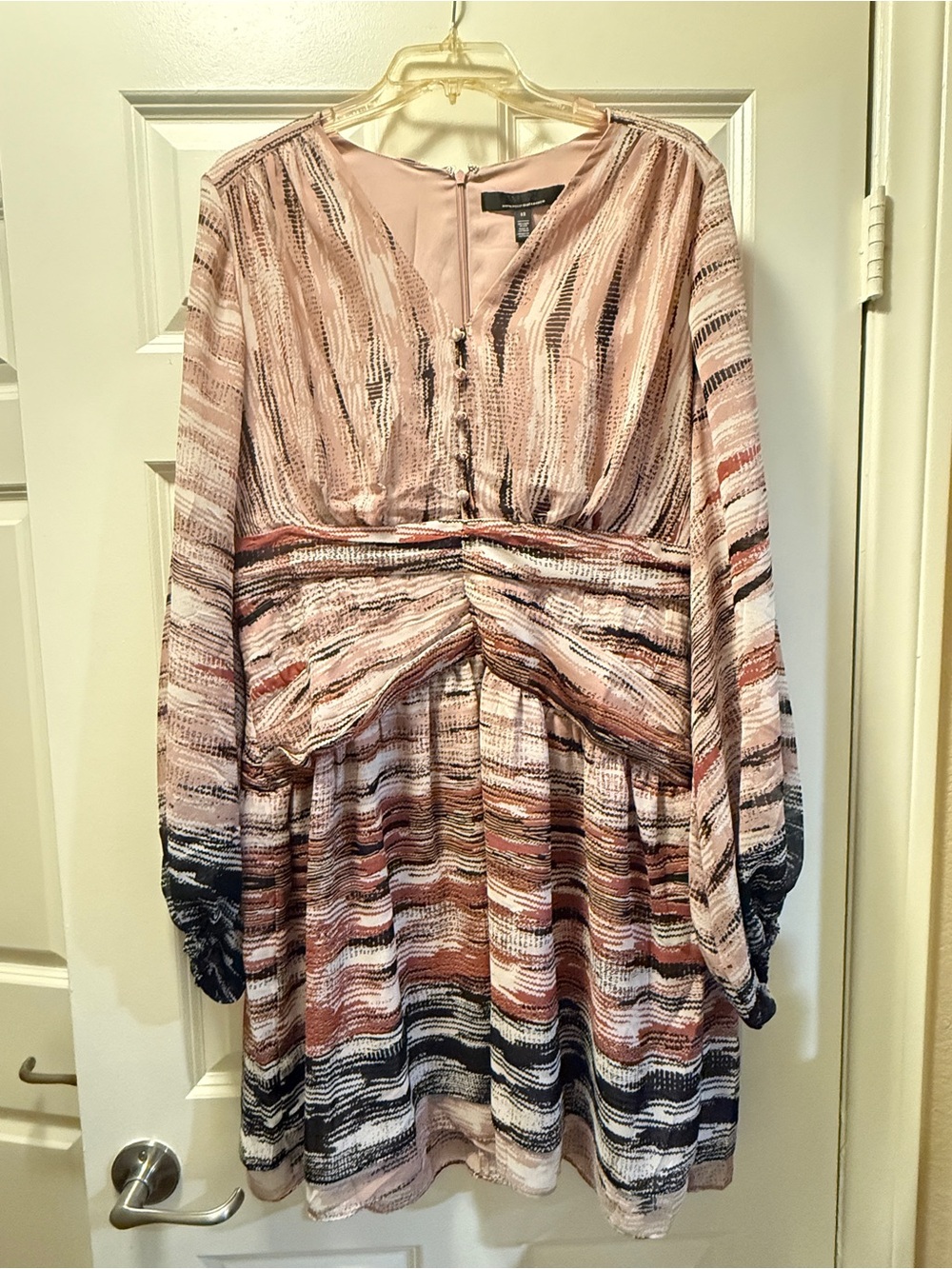 White House Black Market Striped Long-Sleeve V-Neck Dress in Pink and Black